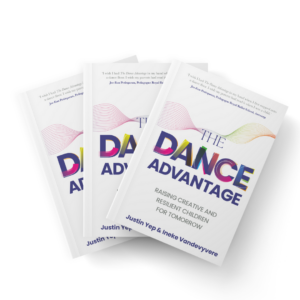 Drie exemplaren van "The Dance Advantage, Raising creative and resilient children for tomorrow" van Justin Yep en Imeke Vandewyer, met kleurrijke tekst en een golfmotief op de cover.