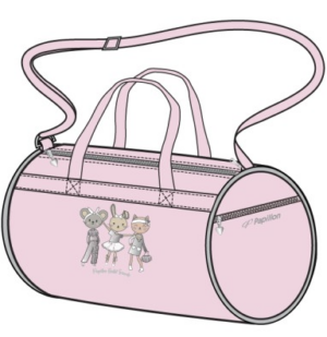 Roze cilindervormige roltas Ballet Friends (25PK9910-500) met een schouderband, twee handvatten en cartoondieren aan de zijkant met een "Papillon"-logo.