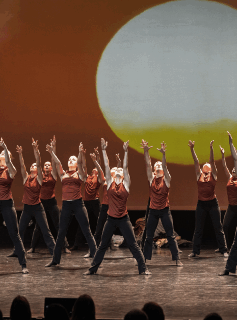 Migration Een grote groep danst op het podium in rode shirts en zwarte broeken tegen een zonnige achtergrond in Video: N-SPIRATION Dansvoorstelling 2025.